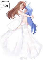 Rule 34 | 2girls, blue hair, brown hair, commentary, dress, english commentary, eye contact, female focus, full body, glasses, highres, hug, icoo, kos-mos, looking at another, multiple girls, round eyewear, second-party source, shion uzuki, wedding dress, white dress, wife and wife, xenosaga, yuri