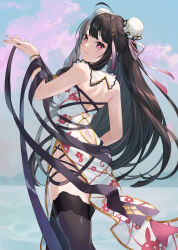 Rule 34 | 1girl, ahoge, ass, backless dress, backless outfit, bare arms, bare shoulders, black hair, black thighhighs, blue sky, breasts, bun cover, closed mouth, cloud, cloudy sky, commentary request, day, double bun, dress, floral print, from behind, grey hair, hair bun, hair ribbon, hand up, highres, horizon, long hair, looking at viewer, looking back, medium breasts, mosomoso, multicolored hair, nijisanji, ocean, outdoors, pelvic curtain, pink ribbon, print dress, red eyes, red hair, ribbon, sidelocks, sky, smile, solo, streaked hair, thighhighs, two-tone hair, very long hair, virtual youtuber, water, white dress, yorumi rena, yorumi rena (10th costume)