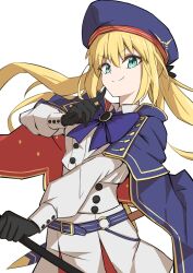 Rule 34 | 1girl, artoria caster (fate), artoria caster (second ascension) (fate), artoria pendragon (fate), beret, black gloves, blonde hair, blue bow, bow, cape, dress, fate/grand order, fate (series), gloves, green eyes, hamao 1, hat, highres, holding, holding staff, long hair, short sword, staff, sword, twintails, weapon, white background, white dress