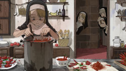 Rule 34 | 4girls, absurdres, bad food, banana, bird, bottle, bread, brick wall, character request, chicken, chili pepper, clumsy nun (diva), cooking, cupboard, diva (hyxpk), doorway, food, froggy nun (diva), fruit, habit, highres, indoors, jar, kettle, kitchen, little nuns (diva), long hair, multiple girls, nun, open mouth, pepper, plate, revision, rooster, shaded face, sheep nun (diva), shelf, short hair, smile, spicy nun (diva), sweat, traditional nun, veil