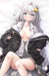 Rule 34 | 1girl, ahoge, bad id, bad pixiv id, bed sheet, black jacket, blouse, braid, breasts, collarbone, collared shirt, dress shirt, feet out of frame, fur-trimmed jacket, fur trim, grey hair, grey skirt, hair ornament, highres, jacket, kizuna akari, knees up, long hair, long sleeves, looking at viewer, lying, medium breasts, murano, off shoulder, on back, open clothes, open jacket, parted lips, pleated skirt, puffy long sleeves, puffy sleeves, shirt, skirt, sleeves past wrists, solo, star (symbol), twin braids, very long hair, voiceroid, white hair, white shirt