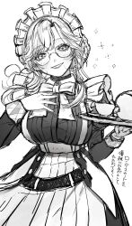 Rule 34 | 1girl, ade (nikke), apron, blush, bow, bowtie, breasts, cup, dress, glasses, goddess of victory: nikke, greyscale, grin, hand on own chest, highres, holding, juliet sleeves, large breasts, long hair, long sleeves, looking at viewer, maid, maid headdress, monochrome, mutsui, plate, puffy sleeves, sidelocks, smile, solo, teacup