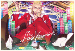 Rule 34 | 10s, 1boy, alternate hairstyle, bad id, bad pixiv id, barnaby brooks jr., blonde hair, card, dog yasiki85, formal, glasses, hair slicked back, jewelry, las vegas, crossed legs, male focus, money, playing card, poker chip, ring, sitting, solo, suit, tiger &amp; bunny