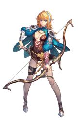 Rule 34 | 1girl, arrow (projectile), belt, blonde hair, blue eyes, blue hair, bow (weapon), breasts, cleavage, full body, grey pantyhose, highres, holding, holding arrow, holding bow (weapon), holding weapon, long hair, looking at viewer, medium breasts, multicolored hair, pantyhose, pointy ears, record of lodoss war, simple background, solo, standing, thigh strap, two-tone hair, weapon, white background