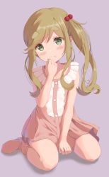 Rule 34 | 1girl, absurdres, blonde hair, blush, commentary, dress, fang, file112056, green eyes, hair bobbles, hair ornament, highres, inuyama aoi, side ponytail, simple background, sitting, skin fang, sleeveless, sleeveless dress, solo, thick eyebrows, wariza, aged down, yurucamp