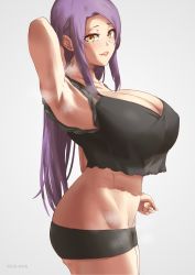Rule 34 | 1girl, absurdres, armpits, black shorts, black tank top, breasts, cleavage, crop top, earrings, from side, highres, huge breasts, jewelry, kirinkirin, long hair, looking at viewer, mature female, mole, mole under eye, mole under mouth, original, parted lips, presenting armpit, purple hair, see-through, short shorts, shorts, sidelocks, smile, solo, standing, tank top, thighs, white background, yellow eyes