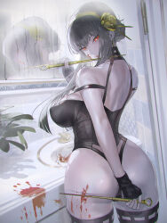 Rule 34 | 1girl, arm behind back, ass, back, bare shoulders, black dress, black hair, blood, blood on ass, bloody weapon, breasts, cowboy shot, dagger, dress, dual wielding, earrings, gloves, gold earrings, gold hairband, hairband, highres, holding, holding dagger, holding knife, holding weapon, jewelry, knife, large breasts, looking at viewer, maeshima shigeki, median furrow, mirror, plant, red eyes, short hair with long locks, sidelocks, sink, smile, spy x family, strap slip, thighhighs, two-sided dress, two-sided fabric, weapon, yor briar