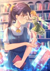 Rule 34 | 2girls, absurdres, ahoge, barefoot, black hair, blonde hair, blurry, blurry background, blush, book, bookshelf, braid, braided ponytail, closed eyes, collared shirt, dress, fairy, fairy wings, floating, floating book, floating object, glasses, green dress, hair ornament, hair scrunchie, hand to head, highres, huge filesize, indoors, library, long hair, magic, mini person, minigirl, multiple girls, one eye closed, open mouth, original, pink-framed eyewear, plaid, plaid dress, pointy ears, scrunchie, shirt, short sleeves, size difference, standing, sweatdrop, uniform, unwitherer, white shirt, wings, yellow neckwear, yellow scrunchie, yuri, zipper