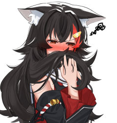 Rule 34 | 1girl, animal ear fluff, animal ears, bell, black hair, brown eyes, commentary request, covering own mouth, daichi (daichi catcat), hair ornament, hairclip, hand up, highres, holding, holding own hair, hololive, jingle bell, kouhaku nawa, long sleeves, multicolored hair, ookami mio, ookami mio (1st costume), red hair, rope, shimenawa, simple background, solo, squiggle, streaked hair, upper body, v-shaped eyebrows, virtual youtuber, white background, wolf ears