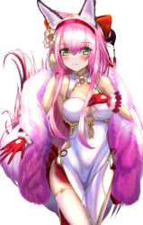 Rule 34 | 1girl, 3kneko, animal ears, azur lane, bare shoulders, breasts, cleavage, dress, feather boa, gloves, gold trim, green eyes, hairband, hanazuki (azur lane), hanazuki (blossoming spring resplendent moon) (azur lane), hand on own chest, long hair, looking at viewer, medium breasts, official alternate costume, pink hair, pink hairband, red gloves, simple background, solo, thighhighs, very long hair, white background, white dress, white thighhighs