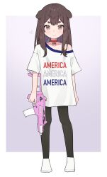 Rule 34 | 1girl, absurdres, alternate costume, animal ears, black pantyhose, blush, border, brown eyes, brown hair, choker, collarbone, commentary, dog ears, english commentary, flat chest, full body, gun, heart, highres, holding, holding gun, holding weapon, indie virtual youtuber, inukai purin, long hair, lucabassiart, off shoulder, outside border, pantyhose, purple background, red choker, shirt, smile, socks, solo, straight-on, united states, v-shaped eyebrows, virtual youtuber, weapon, weapon request, white border, white shirt, white socks