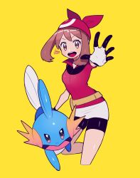 Rule 34 | 1girl, absurdres, artist name, bandana, bike shorts, black shorts, brown eyes, brown hair, commentary, creatures (company), cropped legs, fanny pack, game freak, gen 3 pokemon, highres, kisaragi yuu (fallen sky), looking at viewer, may (pokemon), medium hair, mudkip, nintendo, open mouth, poke ball symbol, pokemon, pokemon (creature), pokemon rse, reaching, reaching towards viewer, red bandana, red shirt, shirt, short sleeves, shorts, sidelocks, signature, simple background, smile, standing, yellow background