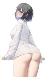 Rule 34 | 1girl, absurdres, ass, black hair, black survival, blue eyes, blue hair, blush, bottomless, breasts, closed mouth, collared shirt, colored inner hair, commentary, commission, debi (black survival), eternal return: black survival, from behind, highres, long sleeves, looking back, medium breasts, multicolored hair, naked shirt, shirt, short hair, simple background, smile, solo, two-tone hair, white background, white shirt, yuzabeecha