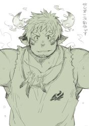Rule 34 | 1boy, animal ears, arms up, bara, beard, blush, facial hair, feathers, fiery horns, forked eyebrows, glowing horns, green theme, horns, kuro nezumi inu, large pectorals, looking at viewer, male focus, manly, monochrome, muscular, native american, open mouth, pectorals, revealing clothes, simple background, sketch, smile, solo, tank top, thick eyebrows, tokyo houkago summoners, torn clothes, upper body, wakan tanka