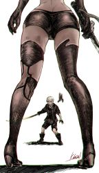 Rule 34 | 1boy, 1girl, android, ass, black footwear, black gloves, black jacket, black shorts, fighting stance, from below, gloves, high heels, highres, holding, holding sword, holding weapon, jacket, joints, nier (series), nier:automata, out of frame, pod (nier:automata), red eyes, robot joints, sakai natsuo, shorts, silver hair, standing, sword, thighhighs, thighs, weapon, whale tail (clothing), white background, 9s (nier:automata), a2 (nier:automata)