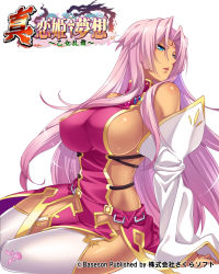 Rule 34 | (#)w(#), 1girl, arm support, blue eyes, breasts, china dress, chinese clothes, detached sleeves, dress, facial mark, forehead mark, groin, hair intakes, highres, koihime musou, large breasts, leaning back, long hair, no panties, official art, pink hair, red dress, sideboob, sitting, solo, sonken bundai, thighhighs, very long hair, white thighhighs