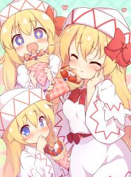 Rule 34 | + +, 3girls, ^ ^, baku-p, blonde hair, blue eyes, blush, bow, capelet, closed eyes, commentary request, commission, crepe, dress, eating, closed eyes, fairy wings, food, fruit, green background, hair bow, hat, highres, holding, holding food, lily white, long hair, looking at viewer, multiple girls, multiple persona, multiple views, open mouth, red bow, sash, smile, strawberry, symbol-shaped pupils, touhou, white capelet, white dress, white headwear, wings