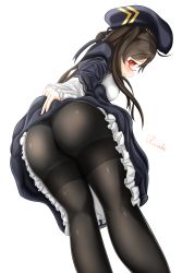 Rule 34 | 1girl, absurdres, ass, azur lane, bad anatomy, bent over, beret, black hair, blush, breasts, clothes lift, dress, dress lift, embarrassed, from behind, glasses, gloves, hat, highres, kusaba, leaning, leaning forward, london (azur lane), long hair, panties, panties under pantyhose, pantyhose, red eyes, sideboob, solo, thong, twintails, underwear