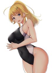 Rule 34 | 1girl, ahoge, black one-piece swimsuit, blonde hair, blue eyes, breasts, competition swimsuit, covered navel, cowboy shot, hachimiya meguru, highres, idolmaster, idolmaster shiny colors, large breasts, noeomi, one-piece swimsuit, ponytail, simple background, solo, swimsuit, two-tone swimsuit, white background