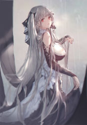 Rule 34 | artist name, azur lane, bare shoulders, black bow, black dress, black ribbon, blunt bangs, bow, breasts, choker, cleavage, clothes pull, commentary request, dress, dress pull, expressionless, eyebrows, formidable (azur lane), frilled choker, frilled dress, frills, from side, grey sky, hair bow, hair over breasts, hair over shoulder, hair ribbon, hand up, head tilt, highres, holding, holding clothes, holding dress, large breasts, long dress, long hair, long sleeves, looking at viewer, outdoors, parted lips, platinum blonde hair, rain, red eyes, ribbon, shiny skin, signature, sky, sleeves past wrists, solo, standing, swd3e2, twintails, two-tone bow, two-tone dress, veil, very long hair, water drop, wet, wet clothes, wet hair, white bow, white choker, white dress
