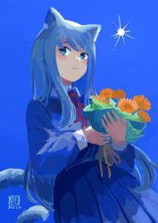 Rule 34 | 1girl, :3, absurdres, animal ears, blue background, blue eyes, blue hair, blue shirt, blue skirt, blue theme, bouquet, cat ears, cat tail, closed mouth, collared shirt, commentary request, dated, flower, highres, holding, holding bouquet, katakai, long hair, long sleeves, looking at viewer, neck ribbon, orange flower, original, pleated skirt, red ribbon, ribbon, school uniform, shirt, simple background, skirt, solo, sun, tail, upper body