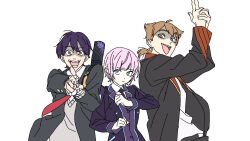 Rule 34 | 1girl, 2boys, ahoge, aiming, aiming at viewer, bag, black jacket, black necktie, blazer, blue eyes, boy sandwich, brown eyes, brown hair, commentary request, crazy smile, earrings, finger gun, furrowed brow, fushimi gaku, fushimi gaku (1st costume), grey eyes, grey sweater, hair flaps, hand wraps, hands up, highres, jacket, jewelry, kenmochi touya, kenmochi touya (1st costume), long sleeves, looking at another, looking at viewer, looking to the side, medium hair, multiple boys, necktie, nijisanji, open clothes, open jacket, open mouth, own hands together, pink hair, ponytail, purple hair, purple jacket, red necktie, sandwiched, school uniform, shaded face, shirt, short hair, short ponytail, shoulder bag, simple background, smile, sweater, theco 2, upper body, virtual youtuber, weapon case, white background, white shirt, wide-eyed, yuuhi riri, yuuhi riri (1st costume)