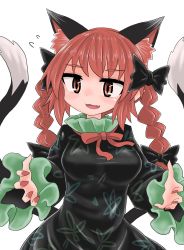 Rule 34 | 1girl, animal ears, black bow, black dress, black tail, bow, braid, breasts, cat ears, cat tail, chups, dress, extra ears, fang, frilled dress, frilled sleeves, frills, green frills, hair bow, highres, kaenbyou rin, long sleeves, looking to the side, multiple tails, nail polish, nekomata, open mouth, red eyes, red hair, red nails, red neckwear, short hair, simple background, smile, solo, tail, touhou, twin braids, two tails, upper body, white background