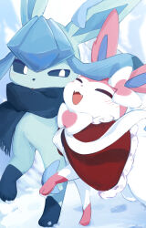 :d absurdres blush bright_pupils closed_eyes clothed_pokemon commentary_request creatures_(company) day fangs footprints game_freak gen_4_pokemon gen_6_pokemon glaceon highres my_(my_6633) nintendo no_humans open_mouth outdoors pokemon pokemon_(creature) pokemon_focus scarf smile snow standing sylveon white_pupils