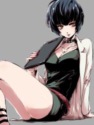 Rule 34 | 10s, 1girl, bare legs, belt, blue hair, bowl cut, breasts, brown eyes, cleavage, clipboard, collar, collarbone, dress, holding, jewelry, lab coat, looking at viewer, medium breasts, nail polish, necklace, parted lips, persona, persona 5, pinkjunkie, red nails, short hair, simple background, sitting, solo, studded collar, takemi tae