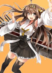 Rule 34 | 10s, 1girl, :d, ahoge, arm up, bare shoulders, black eyes, blue eyes, blush, boots, breasts, brown hair, detached sleeves, hair ornament, hairband, headgear, highres, japanese clothes, kantai collection, kongou (kancolle), large breasts, long hair, looking at viewer, miniskirt, nontraditional miko, open mouth, personification, ribbon-trimmed sleeves, ribbon trim, skirt, smile, solo, thigh boots, thighhighs, wide sleeves, yoshizawa tsubaki, zettai ryouiki