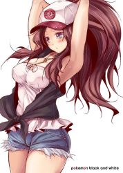 Rule 34 | 10s, 1girl, armpits, arms behind head, arms up, baseball cap, blue eyes, blush, breasts, brown hair, cleavage, copyright name, covered erect nipples, creatures (company), cutoffs, denim, denim shorts, face, fukai ryosuke, game freak, hat, hilda (pokemon), jewelry, long hair, necklace, nintendo, pokemon, pokemon bw, ponytail, shirt, short shorts, shorts, simple background, solo, taut clothes, taut shirt