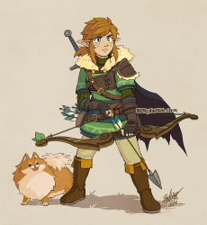 Rule 34 | 1boy, arrow (projectile), bandages, bettykwong, blue eyes, boots, bow (weapon), brown hair, dungeons &amp; dragons, fingerless gloves, gloves, green tunic, leaf, link, nintendo, pointy ears, pomeranian (dog), ponytail, sidelocks, swept bangs, sword, the legend of zelda, weapon, weapon on back