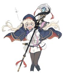 Rule 34 | 1girl, absurdres, artoria caster (fate), artoria caster (second ascension) (fate), artoria pendragon (fate), black gloves, black pantyhose, blonde hair, blue bow, blue bowtie, blue headwear, blush, bow, bowtie, coat, coat on shoulders, cropped legs, dress, fate/grand order, fate (series), feet out of frame, gloves, green eyes, highres, holding, holding staff, kaigan0211, long hair, long sleeves, looking at viewer, open mouth, pantyhose, sharp teeth, simple background, solo, staff, sweat, teeth, twintails, white background, white dress