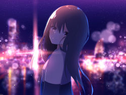 Rule 34 | 1girl, absurdres, blurry, blurry background, bokeh, brown eyes, brown hair, closed mouth, commentary request, depth of field, drawstring, hair between eyes, head tilt, highres, jacket, long hair, looking at viewer, looking to the side, night, night sky, original, outdoors, sky, smile, solo, star (sky), starry sky, suisen-21, upper body, white jacket