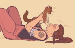 Rule 34 | 1girl, animal, bare arms, blush, brigitte (overwatch), brown hair, camisole, cat, closed mouth, english text, closed eyes, freckles, from side, highres, holding, holding animal, holding cat, in the face, long hair, looking at another, lying, murasaki-yuri, on back, overalls, overwatch, overwatch 1, ponytail, shoulder tattoo, simple background, smile, tattoo