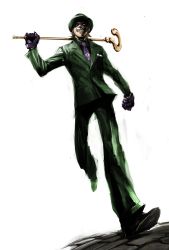 Rule 34 | 1boy, batman (series), bowler hat, brown hair, cane, clenched teeth, dc comics, domino mask, formal, full body, gloves, hat, highres, male focus, mask, naratani, necktie, riddler, shoes, simple background, smile, solo, staff, suit, teeth, the riddler, white background