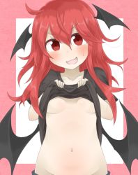 Rule 34 | &gt;:d, 1girl, :3, :d, ahoge, belly, blush, breasts, clothes lift, groin, head tilt, head wings, koakuma, long hair, looking at viewer, navel, nobamo pieruda, open mouth, red eyes, red hair, shirt, shirt lift, small breasts, smile, smirk, solo, stomach, sweatdrop, touhou, underboob, v-shaped eyebrows, very long hair, wings