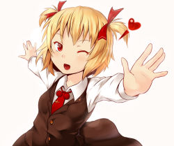 Rule 34 | 1girl, alternate hairstyle, ayagi daifuku, blonde hair, blush, embodiment of scarlet devil, female focus, hair ribbon, heart, one eye closed, open mouth, outstretched arms, red eyes, ribbon, rumia, shirt, short hair, skirt, skirt set, solo, touhou, twintails, vest, wink