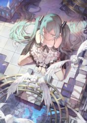 Rule 34 | 1girl, bad id, bad pixiv id, black footwear, boots, green eyes, green hair, hatsune miku, knee boots, long hair, matching hair/eyes, sitting, solo, twintails, very long hair, vocaloid, wariza, zeixique