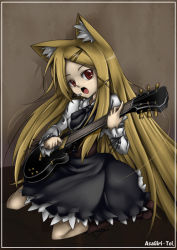 Rule 34 | 1girl, aize, animal ears, blonde hair, cat ears, gradient background, guitar, instrument, microphone, red eyes, solo