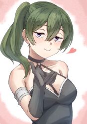 Rule 34 | 1girl, bare shoulders, black choker, black dress, black gloves, blowing kiss, breasts, choker, closed mouth, commentary, dress, gloves, green hair, hair between eyes, hand up, highres, large breasts, long hair, looking at viewer, purple eyes, side ponytail, simple background, smile, solo, sousou no frieren, syagare, ubel (sousou no frieren), upper body