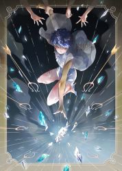 Rule 34 | 1other, androgynous, arrow (projectile), ascot, bare arms, blue hair, border, commentary, dokiokio, emphasis lines, english commentary, from above, gem, golden arms, half-closed eyes, hand on another&#039;s arm, high heels, highres, holding another&#039;s arm, houseki no kuni, light smile, looking away, other focus, out of frame, outside border, outstretched arms, phosphophyllite, phosphophyllite (ll), pulling back, reaching, see-through, see-through sleeves, shards, shirt, short hair, shorts, solo focus, spoilers, spread arms, tsuki jin, white ascot, white footwear, white shirt, white shorts, wide sleeves