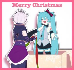 Rule 34 | 2girls, aqua hair, aqua necktie, arm warmers, bare shoulders, black bow, black skirt, black sleeves, black thighhighs, blush, border, bow, box, closed eyes, commentary, detached sleeves, drop shadow, flower (vocaloid), flower (vocaloid4), from behind, fur-trimmed skirt, fur trim, grey shirt, hair bow, hatsune miku, headset, holding, holding ribbon, hood, hooded jacket, in box, in container, jacket, kazuse616, long hair, looking at another, merry christmas, miniskirt, multiple girls, necktie, open mouth, outstretched arms, pink border, pleated skirt, purple arm warmers, purple hair, purple jacket, purple nails, purple shirt, purple shorts, ribbon, shirt, short hair, shorts, shoulder tattoo, skirt, sleeveless, sleeveless jacket, sleeveless shirt, smile, snowflake print, standing, striped, striped arm warmers, striped bow, symbol-only commentary, tattoo, thighhighs, twintails, very long hair, vocaloid, white background, white hair, zettai ryouiki