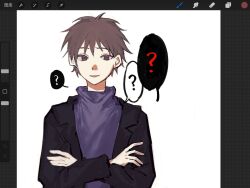 Rule 34 | 1boy, ?, art program in frame, black jacket, brown eyes, brown hair, chinese commentary, commentary request, harada minoru, highres, jacket, long sleeves, looking at viewer, male focus, open clothes, open jacket, open mouth, procreate (medium), procreate (software), purple sweater, saibou shinkyoku, sanzhuangdaoju, short hair, simple background, smile, solo, spoken question mark, sweater, turtleneck, turtleneck sweater, upper body, white background