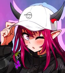 Rule 34 | baseball cap, black jacket, blush, ddolbang, guyrys, hat, hololive, hololive english, horns, irys (hololive), irys (irys 2.0) (hololive), jacket, long hair, looking at viewer, multiple horns, one eye closed, pink eyes, pink nails, pointy ears, red hair, simple background, virtual youtuber