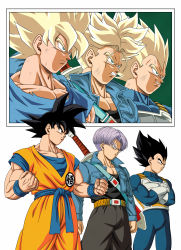 Rule 34 | 3boys, absurdres, armor, belt, black eyes, black hair, black shirt, blonde hair, blue eyes, bruise, bruise on face, clenched hands, clenched teeth, closed mouth, crossed arms, dbkenkyuusei, dragon ball, dragonball z, father and son, gloves, green eyes, grin, highres, huge filesize, injury, jacket, male focus, manly, multiple boys, multiple views, muscular, purple hair, serious, shirt, smile, son goku, spiked hair, standing, super saiyan, super saiyan 1, sword, sword behind back, teeth, torn clothes, trunks (dragon ball), trunks (future) (dragon ball), vegeta, weapon, white background, white gloves