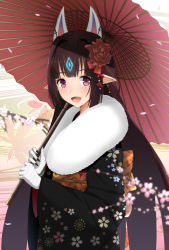 Rule 34 | 1girl, 2019, animal ears, black hair, blush, fox mask, highres, japanese clothes, kasandra (xenoblade), kimono, long hair, looking at viewer, mask, mebi il, new year, nintendo, obi, open mouth, pointy ears, red eyes, sash, simple background, smile, solo, umbrella, xenoblade chronicles (series), xenoblade chronicles 2