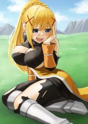 Rule 34 | 1girl, bare shoulders, blonde hair, blue eyes, blue sky, blush, bodysuit, braid, breasts, cleavage, commentary request, covered erect nipples, darkness (konosuba), day, grass, hair ornament, hairclip, hand up, highres, izawa (bhive003), kono subarashii sekai ni shukufuku wo!, large breasts, large hands, long hair, looking at viewer, open mouth, outdoors, ponytail, sitting, skindentation, sky, smile, solo, torn bodysuit, torn clothes, x hair ornament, yokozuwari