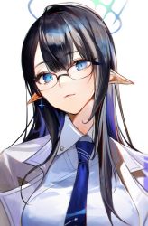 Rule 34 | 1girl, absurdres, black hair, blue archive, blue eyes, blue necktie, closed mouth, collared shirt, commentary, english commentary, glasses, halo, highres, jacket, long hair, looking at viewer, moko (moko/moko), necktie, pointy ears, rin (blue archive), shirt, simple background, solo, upper body, white background, white jacket, white shirt