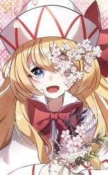 Rule 34 | 1girl, :d, ametama (runarunaruta5656), blonde hair, blue eyes, bow, bowtie, flower, highres, lily white, long hair, looking at viewer, open mouth, pink flower, polka dot, polka dot background, red bow, red bowtie, smile, solo, touhou, upper body, white headwear
